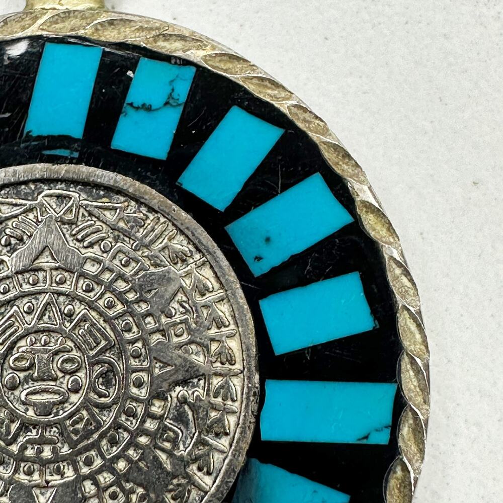 Vintage Mexico Silver Tone Reversible Mayan Calendar Inlay Pendant ✨ - Picture 7 of 13
